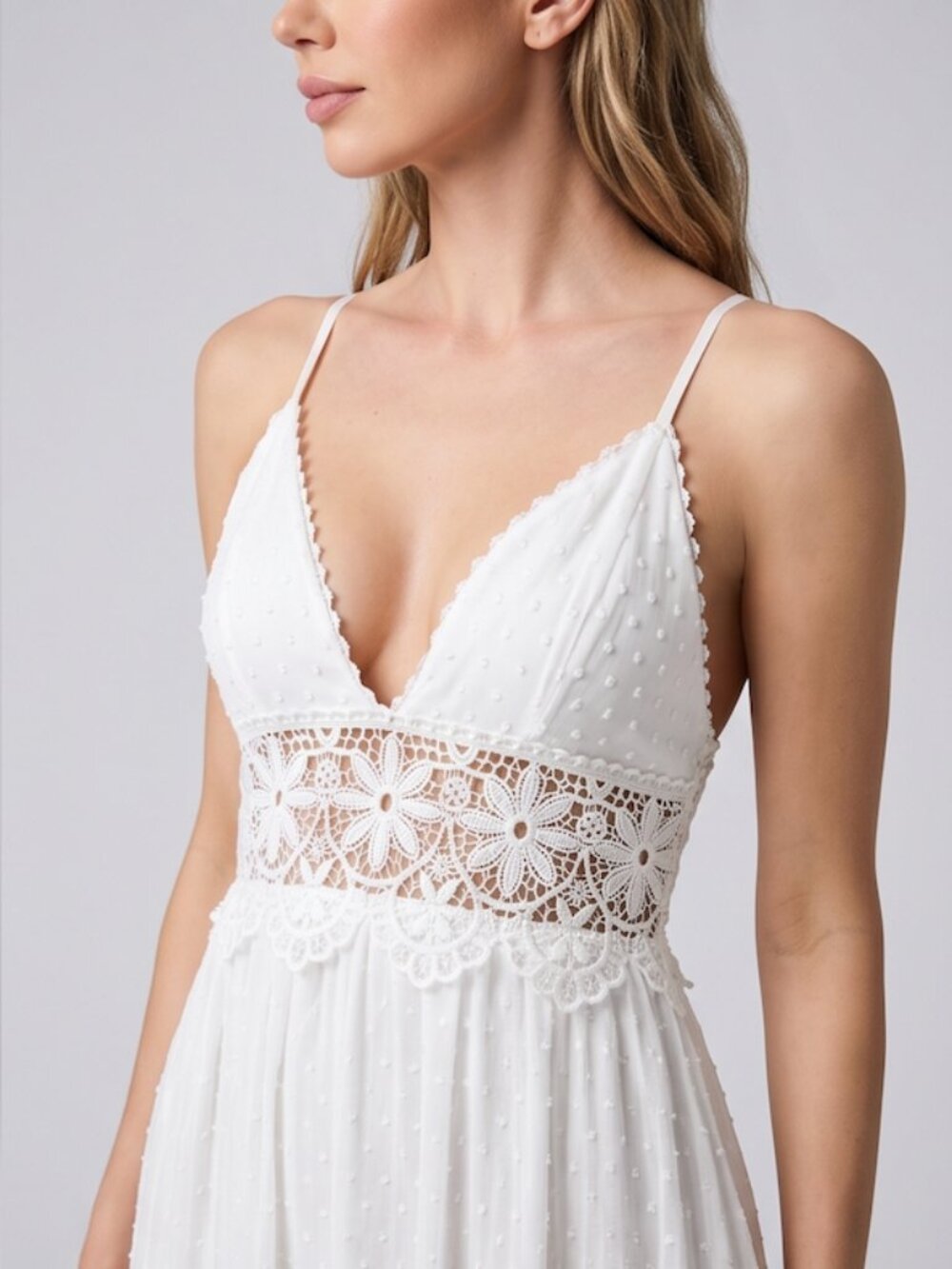 Boho White Swiss Dot Midi Dress with Crochet Lace Waist - Picture 2 of 13